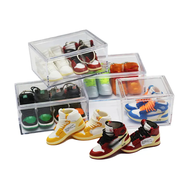 Custom Wholesale mini 3D basketball shoe sneaker rubber keychains pvc key ring Sneaker key chain with clear shoe box