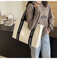 Tas Tote Kanvas Katun Custom Desain Fashion, Tas Selempang Pegangan Lebar Besar, Tas Belanja Desain Huruf dengan Kantong Penyimpanan di Dalam
