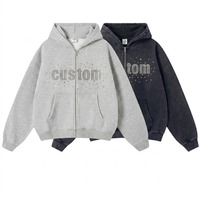 Sudadera con capucha y cremallera con logo de pedrería, oversize, vintage, con lavado ácido, de forro polar grueso, estilo streetwear, para hombre, OEM personalizado