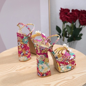 Mixed Flower Pearls Women Floral High Chunky Heels Ankle Strap Rhinestone Summer Outdoor Party Dress Thick Platform <b>Shoes</b> - Product Image 5