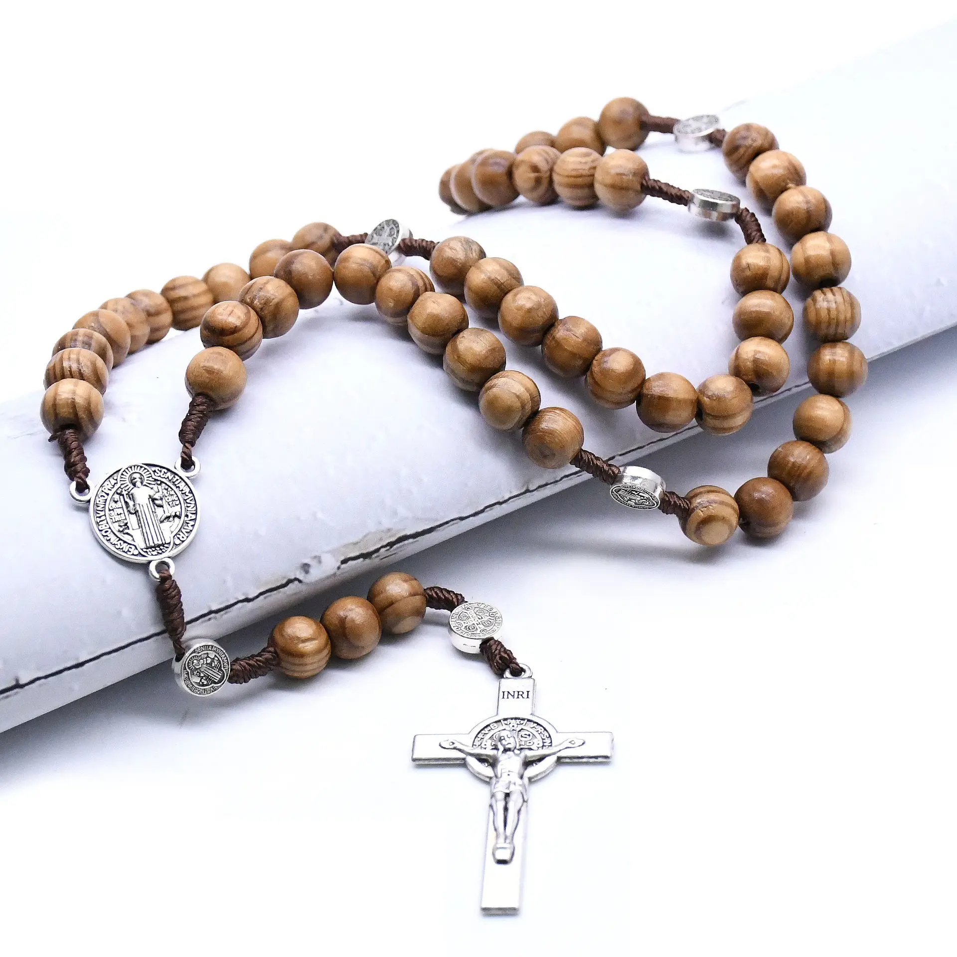 세인트 베네딕트 종교 묵주 7x8mm 나무 구슬 크로스 목걸이 가톨릭 Rosaries