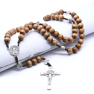 Chapelet religieux Saint benoît, 7x8mm, perles en bois, collier en croix, chapelet catholique