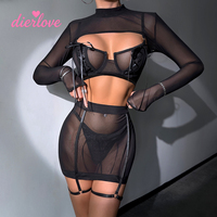 Dierlove Ensemble de Lingerie Premium pour Femme, Noir en Maille, avec Shrug à Manches Longues, Soutien-gorge de Maintien, Jupe à Bretelles Taille Haute et String
