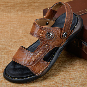 Sandales plates en cuir de vachette première couche, bout ouvert, semelle extérieure en caoutchouc, semelle intérieure massante, chaussures décontractées pour hommes - Product Image 3