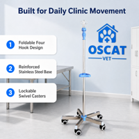 Support IV mobile vétérinaire OSCAT avec roues, quatre crochets, pliable, en acier inoxydable, équipement vétérinaire, clinique vétérinaire