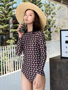 Venta al por mayor de la temporada: Traje de baño coreano de una pieza de manga larga para mujer, con estampado de dientes de luna, que cubre el vientre, adelgazante y sexy. - Product Image 2