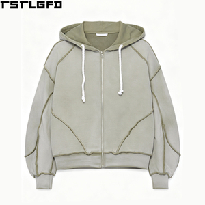Hoodie zippé oversize court pour homme, coupe et couture, couleur sauge, épaules tombantes, surpiqûres apparentes, manches ballon, style streetwear vintage, vente en gros - Product Image 4
