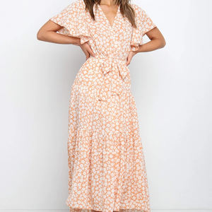 Fladderende Mouw A-Lijn Ruche Zoom Midi Jurk Koraalroze Feestjurken Gebloemde Knoop Wikkeljurk - Product Image 4