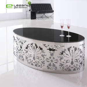 Meuble d'art contemporain, <span class=keywords><strong>pieds</strong></span> <span class=keywords><strong>en</strong></span> acier inoxydable, <span class=keywords><strong>table</strong></span> basse <span class=keywords><strong>en</strong></span> <span class=keywords><strong>verre</strong></span> ovale noir - Product Image 1