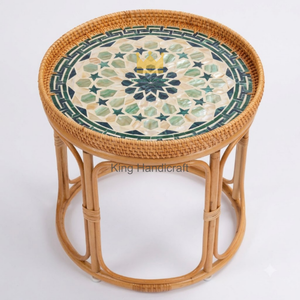 Modern Minimalist Rattan <b>Bedside</b> Coffee <b>Table</b> Set Handcrafted Mother of Pearl MOP Inlay <b>Round</b> Accent End <b>Table</b> - Product Image 1