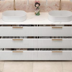 Mueble de Baño Personalizado al por Mayor, Color Blanco Crema, <span class=keywords><strong>con</strong></span> Lavabo Integrado y Espejo Ovalado LED Inteligente Antivaho - Product Image 3