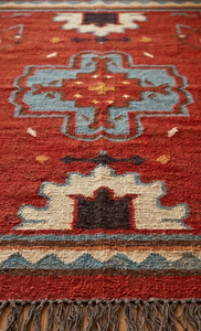 <b>Rustic</b> Red Geometric Area <b>Rug</b> | Handmade Wool Jute Tribal Boho Carpet for Farmhouse Bedroom Living Room Home Decor Accent - Product Image 3