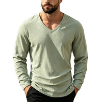 Nouveau style 2026 – T-shirt homme en lin à col en V et manches longues – Qualité supérieure, couleur unie, coupe ajustée, décontracté