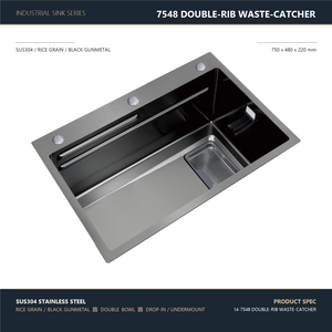 Évier de cuisine simple 750x480mm en acier inoxydable 304 noir canon de fusil grain de riz double nervure, avec robinet extractible - Product Image 1