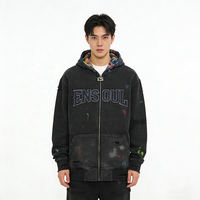 Sweat à capuche zippé pour homme, style streetwear personnalisé, effet vieilli, logo brodé, motif dessiné à la main, 100% coton, ODM, grammage lourd, effet délavé vintage