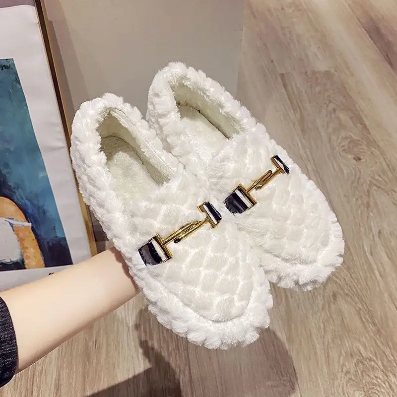 White indoor wear Winter Warm Comfortable Outdoor Cotton Loafer Women's Casual Shoes Ladies Flat Shoes women fur moccasin