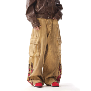 Pantalones Cargo Retro de Lona con Lavado Desgastado para Hombre, Estampado Gráfico de Llamas, Multibolsillos, Holgados, Estilo Skateboard, Moda Urbana, Personalizados - Product Image 2