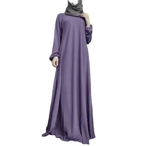 Solider Farb Satinstoff lässig locker Blase Ärmel Kleid atmungsaktiv leicht Polyester Erwachsene Abaya für Mittlerer Osten muslimisch