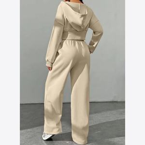 Fabricant OEM Crop Top Femme Sweat-shirts à fermeture éclair et Jogging Femme Couleur unie Manches longues Surdimensionné Ensemble de survêtement pour femme - Product Image 2