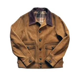 OEM Winter Factory direct sale Retro outdoor leisure denim Genuine Suede cowhide leather jacket Clothing men motorcycle coat