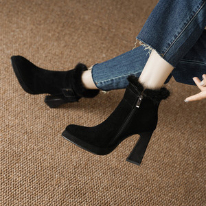 Bottines en <span class=keywords><strong>daim</strong></span> <span class=keywords><strong>taupe</strong></span> pour femmes, avec garniture en fourrure, sangle à boucle, talon bloc, plateforme, bottes habillées d'hiver - Product Image 4