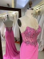 Robe de soirée rose vif sans bretelles, corsage perlé, fente haute, coupe sirène, pour bal de promo, vente en gros d'usine, fournisseur 2026