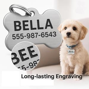 Брелок из нержавеющей стали с геометрическим сердцем и косточкой, персонализированный идентификационный брелок для животных, именная бирка для кошек и собак с кольцом для ключей - Product Image 6