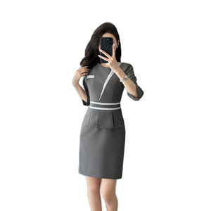 Professional Pencil Dress Women O-Neck Color Blocking Splicing Navy Blue Black Gray Polyester Career Work Uniforms - Product Image 5