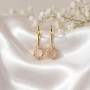 Natural Rose Quartz Cubic Zirconia Hexagon Drop <b>Earrings</b> in 925 Sterling <b>Silver</b> or 18K Gold Filled Elegant Gemstone <b>Dangle</b> Jewel - Product Image 6