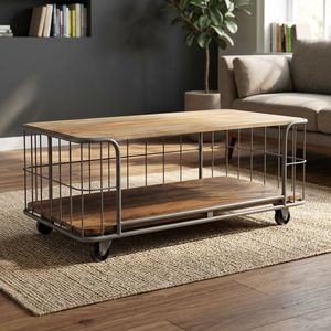 Modern Industrial Antique <b>Adjustable</b> Metal Coffee <b>Table</b> with Rotatable Cart Design Wheels for Living Room Home Villa Use - Product Image 2