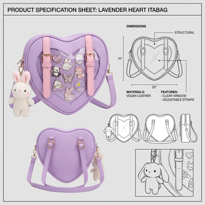 Sac à bandoulière tendance personnalisé en forme de cœur lavande avec fenêtre transparente pour affichage de badges Ita Bolsa, idéal pour les événements Anime Kawaii Cosplay - Product Image 1