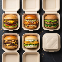 Hot Item 4 Inch Bruine Biologisch afbreekbare Burgerverpakking Saccharum-pulp Lunchbox Scharnierende Klep Water- en Oliebestendig