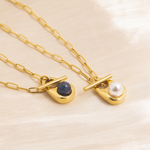 Powell moda Custom acciaio inox Ot Design <span class=keywords><strong>con</strong></span> bottone collana catena di graffette <span class=keywords><strong>con</strong></span> gemma di perle e agata intarsio pendente - Product Image 1