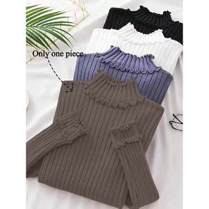 Pull à col montant avec bordure à volants, kaki, taille S, pulls pour femmes - Product Image 1