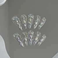 Faux ongles longs style français à coller, forme cercueil, avec strass, effet cristal AB Aurora, paillettes acryliques, pour femmes