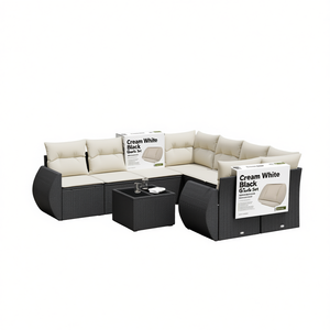 Juego de Sofás de Jardín Color Blanco Crema y Negro, 6 Plazas, Muebles de Ratán para Exteriores con Cojines, Diseño Contemporáneo - Product Image 1