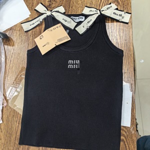 Top Corto Senza Maniche in Maglia a Costine con Fiocco e Logo, Traspirante, Tinta Unita, Taglia Unica, per Donna, Stile Casual e Sportivo - Product Image 6
