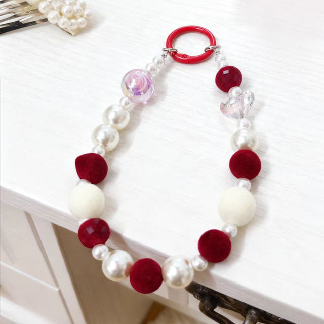 Red & White Velvet Beaded Phone Chain with Pearl & Crystal, Anti-Lost Wrist Strap for Women