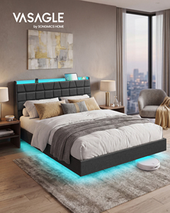 <span class=keywords><strong>VASAGLE</strong></span>, Cadre de lit rembourré double avec station de charge, Tête de lit capitonnée avec rangement, Cadre de lit flottant double avec éclairage LED - Product Image 1