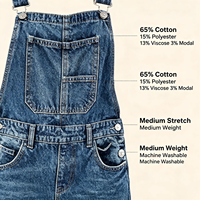 Salopette en jean extensible taille haute pour femme, délavage moyen, style streetwear moderne