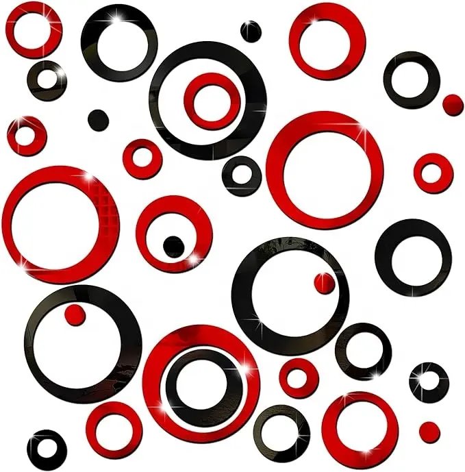 72 Pieces Removable Acrylic Circle Mirror Wall Stickers Red Black Decor Mirror Wall Decals for Home Living Room Bedroom Decor