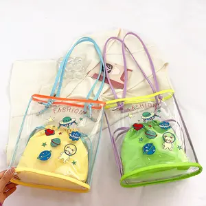 Customized Cartoon Printed PVC Bucket Bag 2024 Cute Plastic Women Handbag Transparent Kids Beach Bag Clear Shoulder Bag For Girl