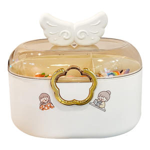 Caja de almacenamiento redonda para accesorios de cabello, color rosa princesa y blanco crema, con tapa y compartimentos, organizador de joyas para tocador. - Product Image 1