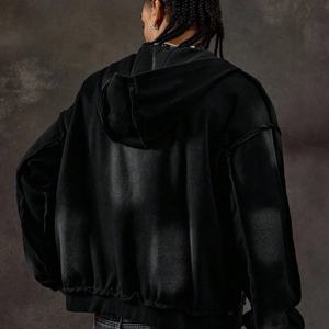 Sudadera con capucha para hombre, estilo vintage urbano, con cremallera, lavado ácido, efecto desgastado, bordado personalizado, bordes deshilachados, corte holgado y corto - Product Image 3
