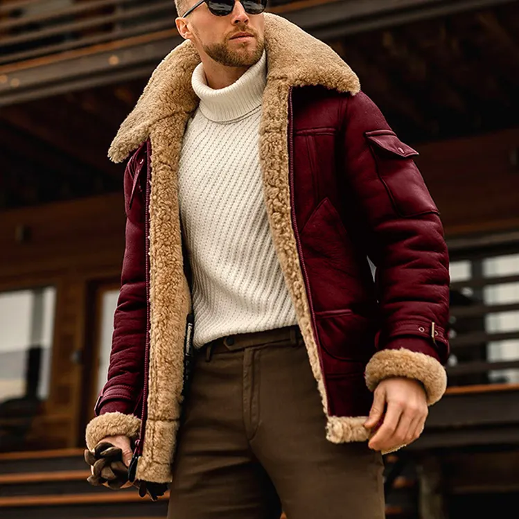 Winter faux Leather men's Casual Thicken War Aviator Sheepskin Warm Outdoor Fur Plus Size PU Leather Coat Men Jacket