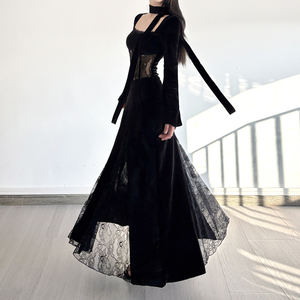 Elegant and sophisticated lace <b>dress</b> with a <b>see</b>-<b>through</b> design featuring a fitted waist flared sleeves and a fish-tail skirt - Product Image 5