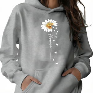 Sudadera con Capucha Estampada Floral para Mujer, Talla Grande, Informal, de Manga Larga, Otoño, Gris, con Forro Polar y Diseño de Logotipo Frontal - Product Image 1