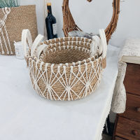 Panier de rangement de cuisine en jonc de mer naturel Paniers en jonc de mer de forme ronde Panier de rangement décoratif en corde de coton