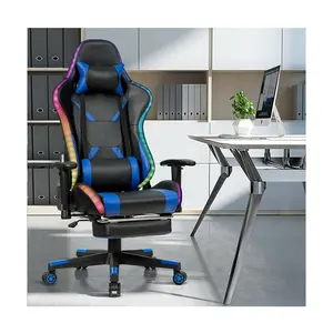 2023 Home office furniture ergonomic blue pu leather led light rgb silla gamer racing gaming chair with footrest and massage