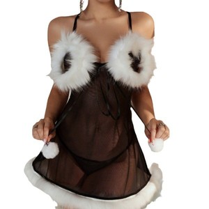 Lencería Erótica Personalizada Negra Transparente de Malla, Camisón Halter de Navidad con Abertura Lateral, Talla Única, Ropa de Dormir de Tela Afelpada - Product Image 5